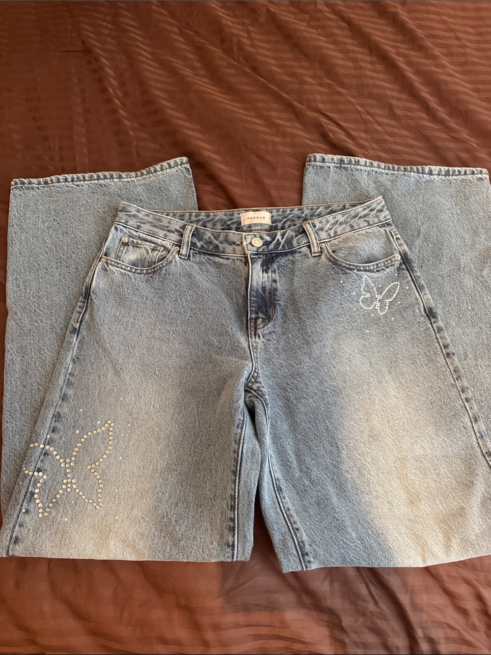 PacSun Light Blue Wide Leg Jeans with Rhinestone Butterfly Accents